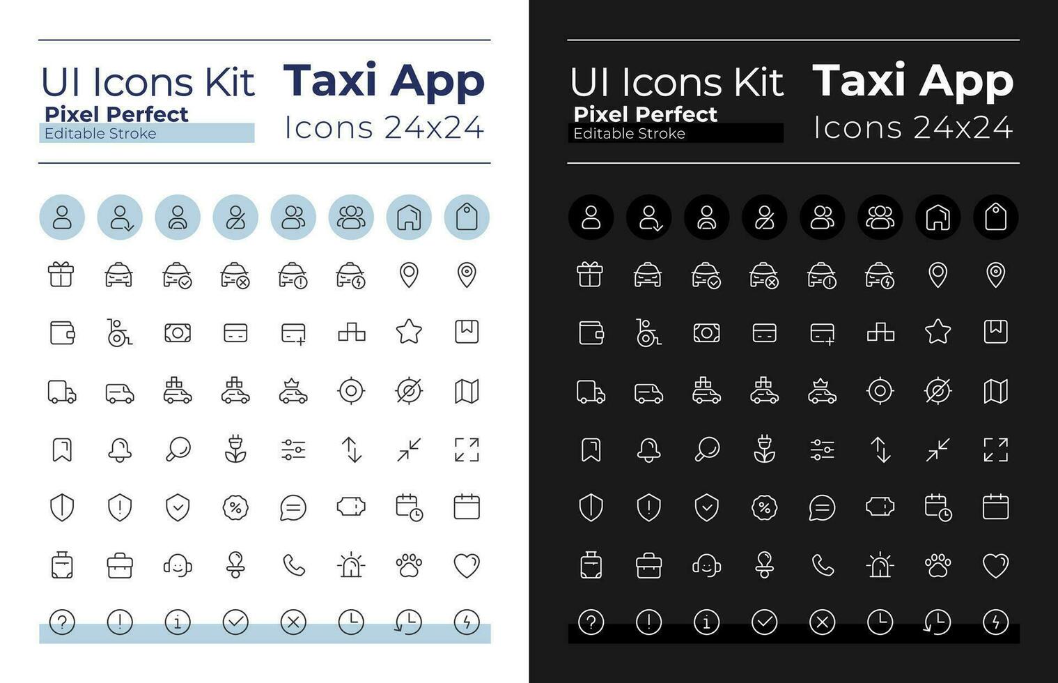 Taxi service pixel perfect linear ui icons set for dark, light mode. Outline isolated user interface elements for night, day themes. Editable stroke vector