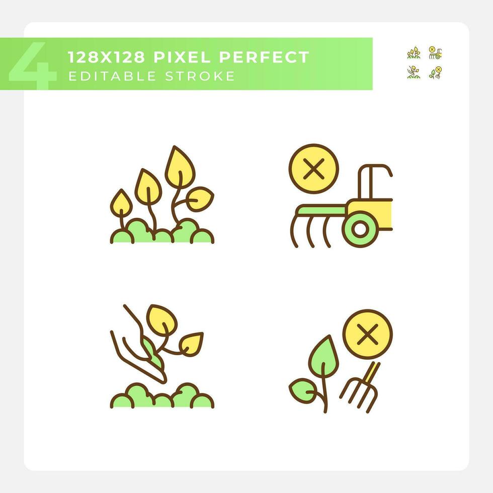 Ecological farming green RGB color icons set. Environmentally friendly. Organic agriculture. Growing food. Isolated vector illustrations. Simple filled line drawings collection. Editable stroke