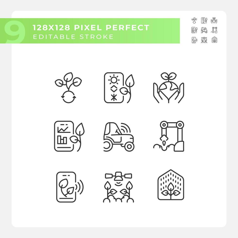 Future farming linear icons set. Modern agriculture. High tech. Artificial intelligence. Smart farms. Customizable thin line symbols. Isolated vector outline illustrations. Editable stroke