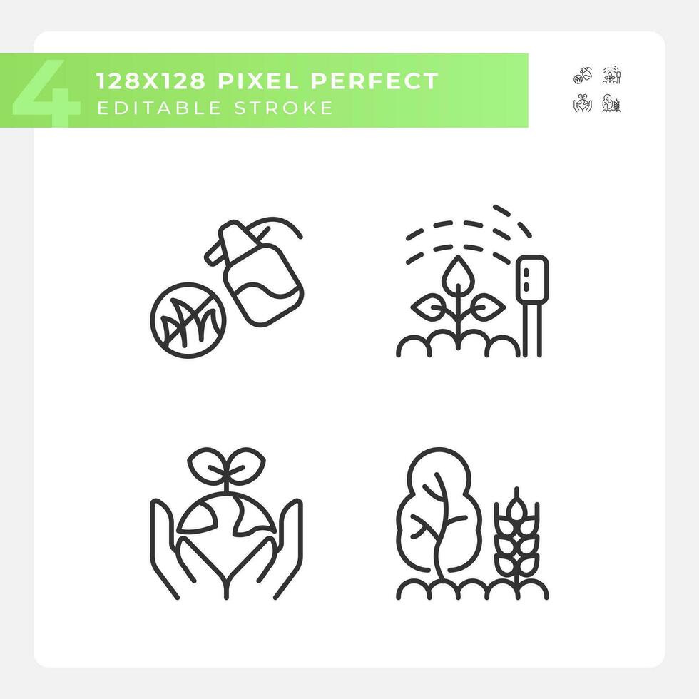 Gardening linear icons set. Growing healthy plants. Regenerative agriculture. Farming techniques. Customizable thin line symbols. Isolated vector outline illustrations. Editable stroke