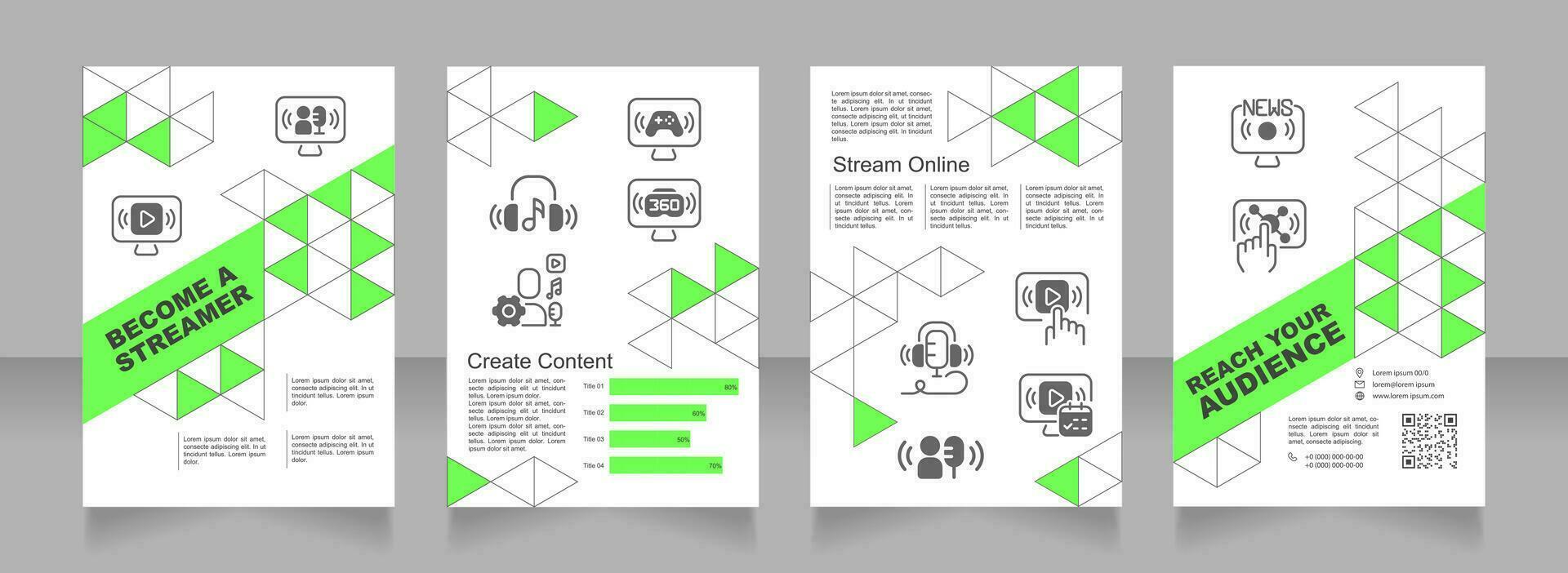 Become streamer premade brochure template. Online games. Content creation. Entertainment skills. Start streaming booklet design with icons, copy space. Editable 4 layouts vector