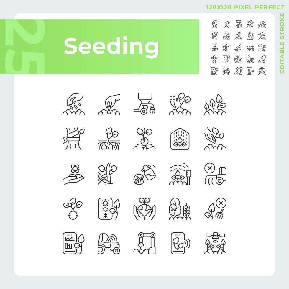 Seeding linear icons set. Agricultural industry. Gardening business. Growing plants. Field sowing. Customizable thin line symbols. Isolated vector outline illustrations. Editable stroke