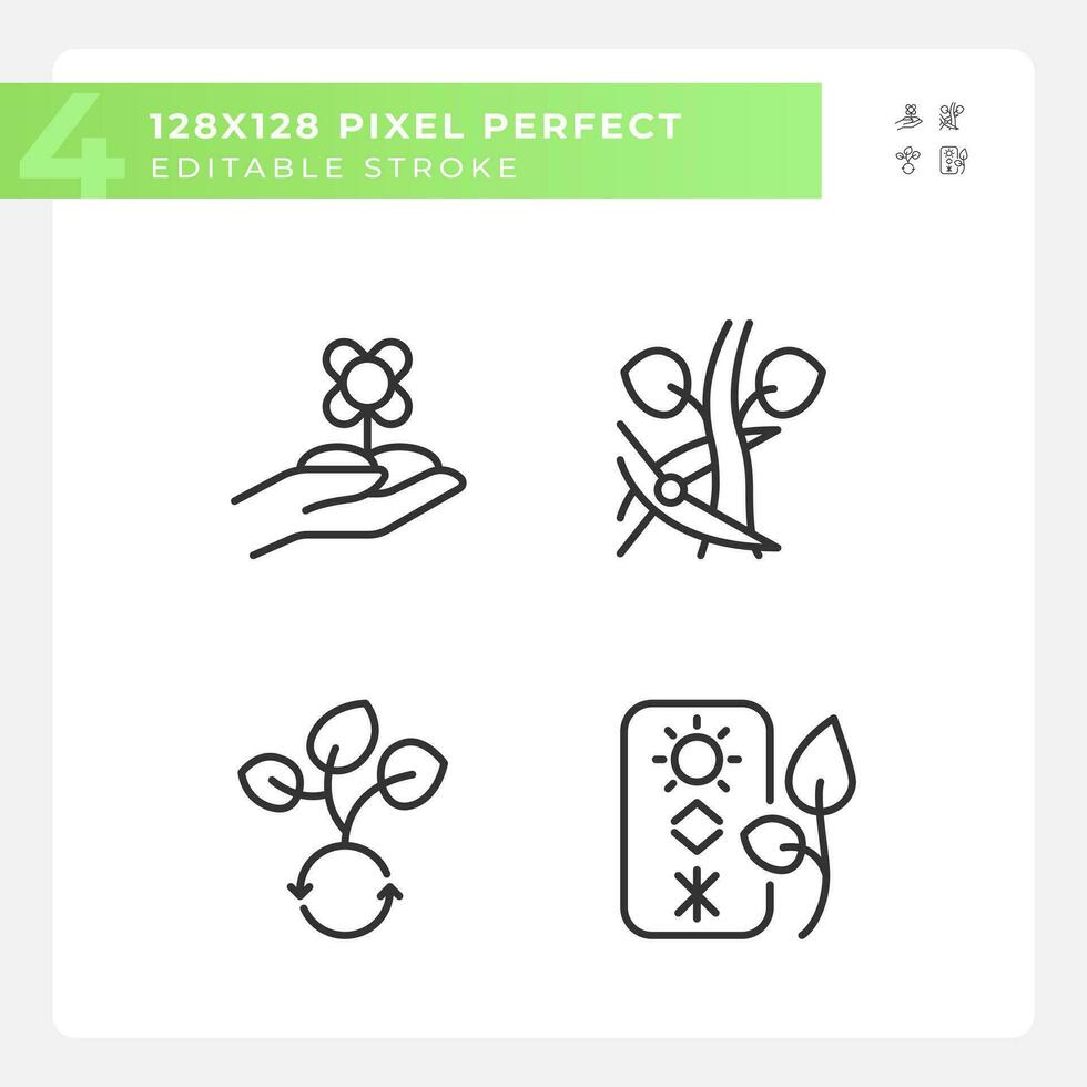 Horticulture linear icons set. Plant breeding. Flower farming. Floriculture industry. Ornamental gardening. Customizable thin line symbols. Isolated vector outline illustrations. Editable stroke