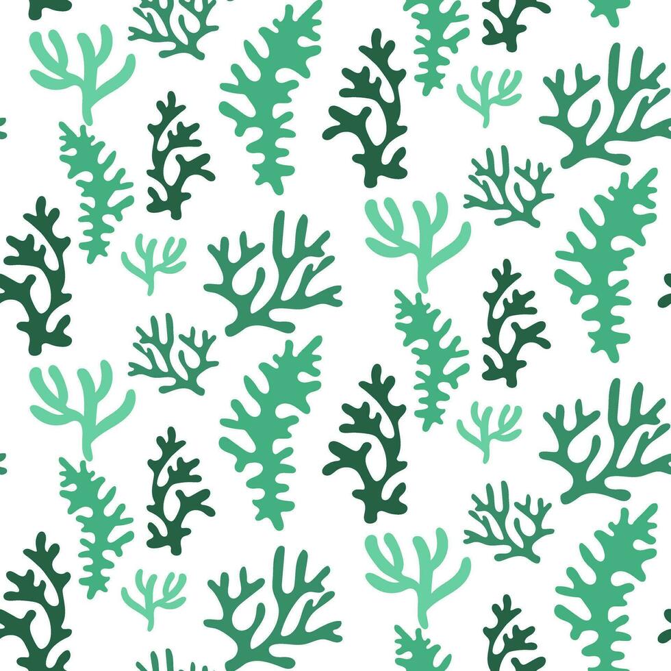 Seamless coral reef pattern. Green underwater background of the ocean world in vintage style. A hand-drawn underwater natural element. Marine Seamless repeating design for Fabric, Textile, paper vector