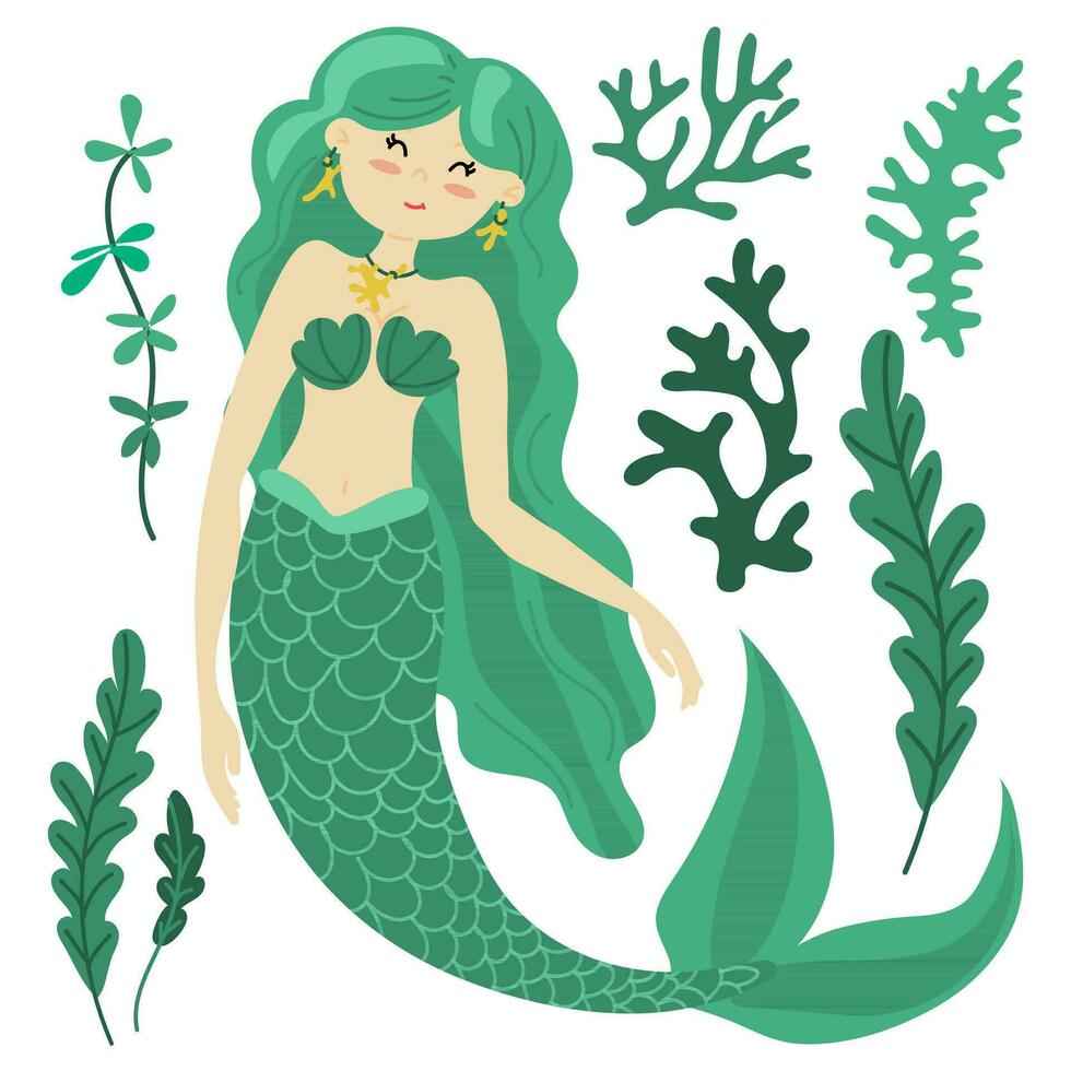 Vector illustration of a cute green mermaid princess with colorful hair and other underwater elements. Corals, mud, algae in its color. Children's illustration in the marine theme