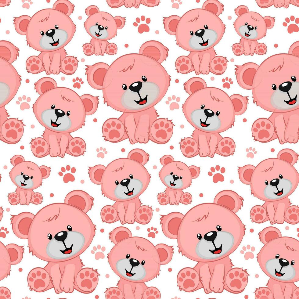 Seamless pattern with pink bears of different sizes. Cartoon cute bears on a white background with pink paw prints. Printing on textiles and paper. Gift wrapping for the holiday vector