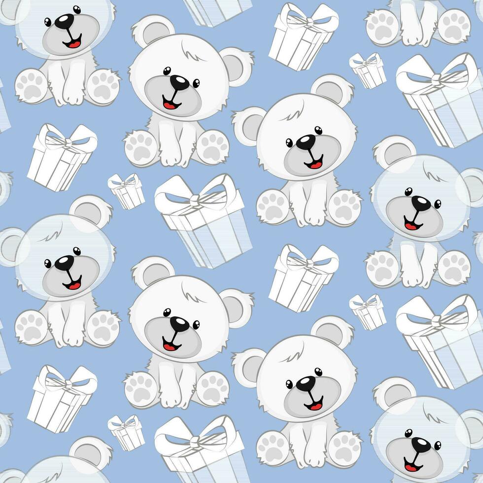 Seamless pattern with white bears of different sizes. Cartoon cute bears on a blue background with white gifts. Printing on textiles and paper. Gift wrapping for the holiday vector