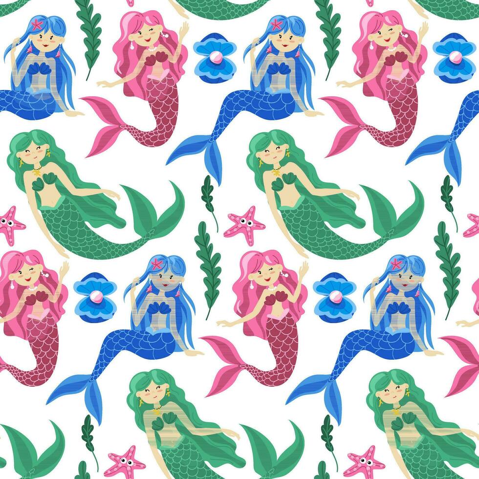 Seamless children's pattern with cute colored mermaids and sea elements. Pink, green, blue is the main color. Seashell, starfish, seaweed. Cartoon background. Ideal for fabric, textiles, packaging vector