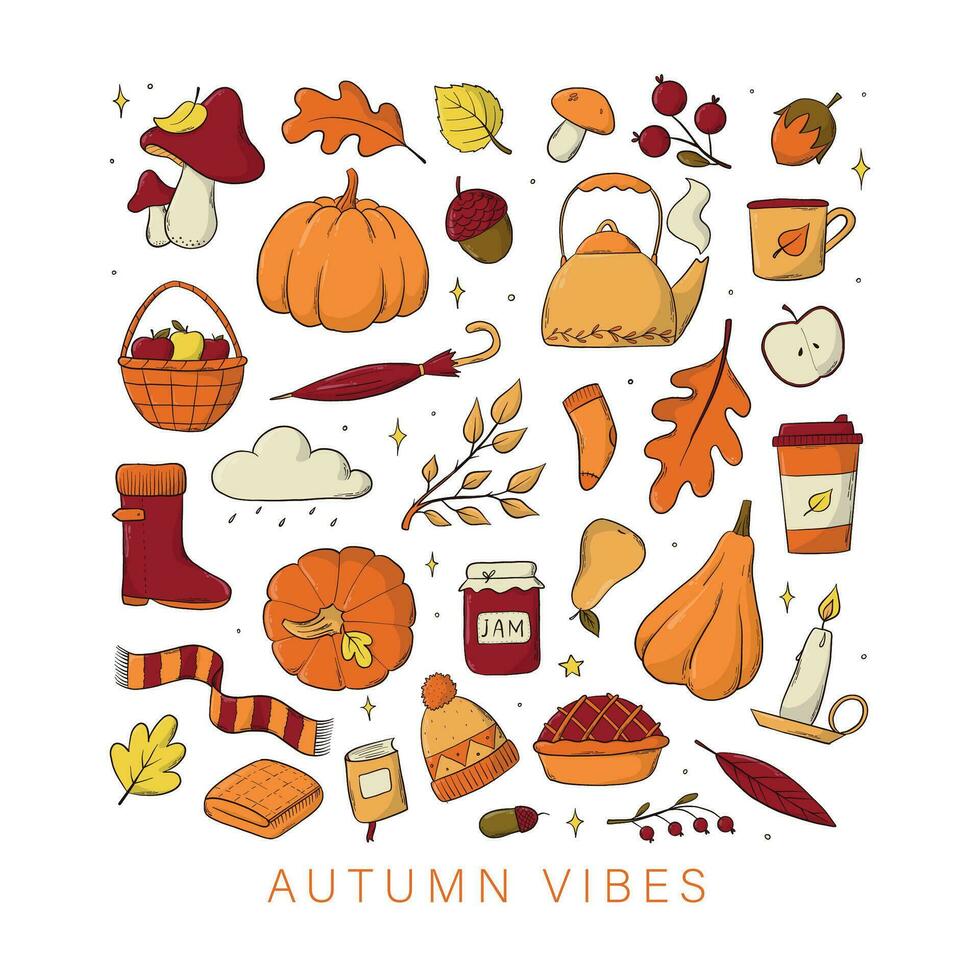 set of autumn and thanksgiving doodles, clip art, cartoon elements for stickers, sublimation prints, cards, posters, icons, etc. EPS 10 vector