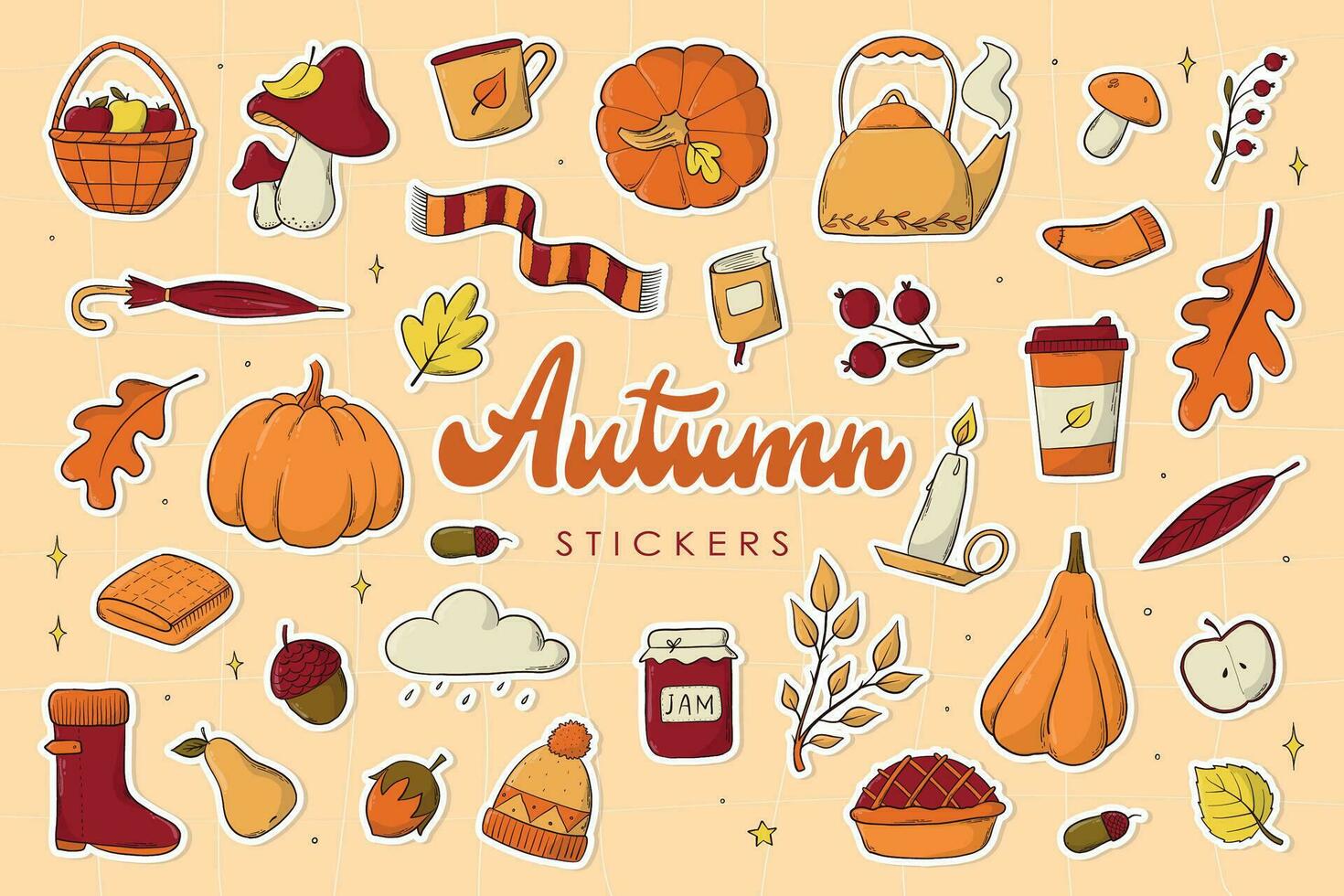set of Autumn stickers, clip art, doodles, cartoon elements for prints, sublimation, scrapbooking, planners, cards, posters, home decor. EPS 10 vector