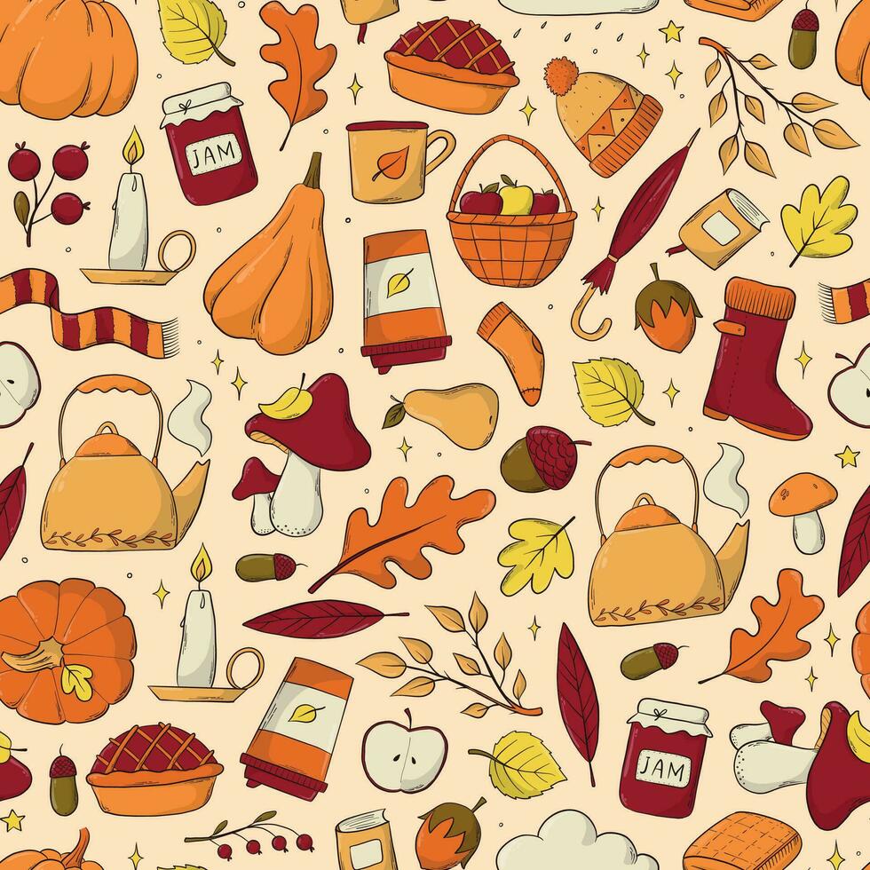 Autumn seamless pattern with doodles for wallpaper, backgrounds, prints, textile, scrapbooking, packaging, wrapping paper, etc. EPS 10 vector