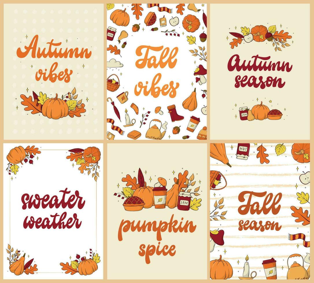 set of 6 autumn greeting cards, posters, prints, invitations, templates, etc. Vintage lettering quotes decorated with doodles. EPS 10 vector