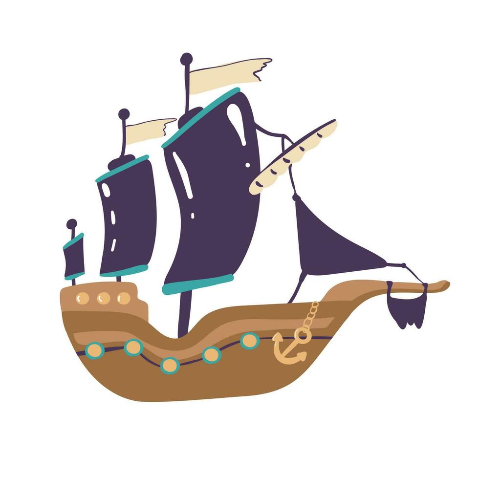 Pirate ship with a flag and black sails with a skull. Flat vector illustration