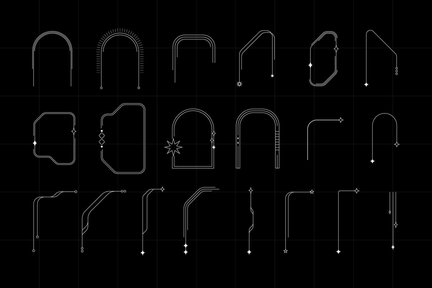 Aesthetic Retro Futuristic Frame Line Elements. Modern Minimalist Arch Frame with Sparkles. vector