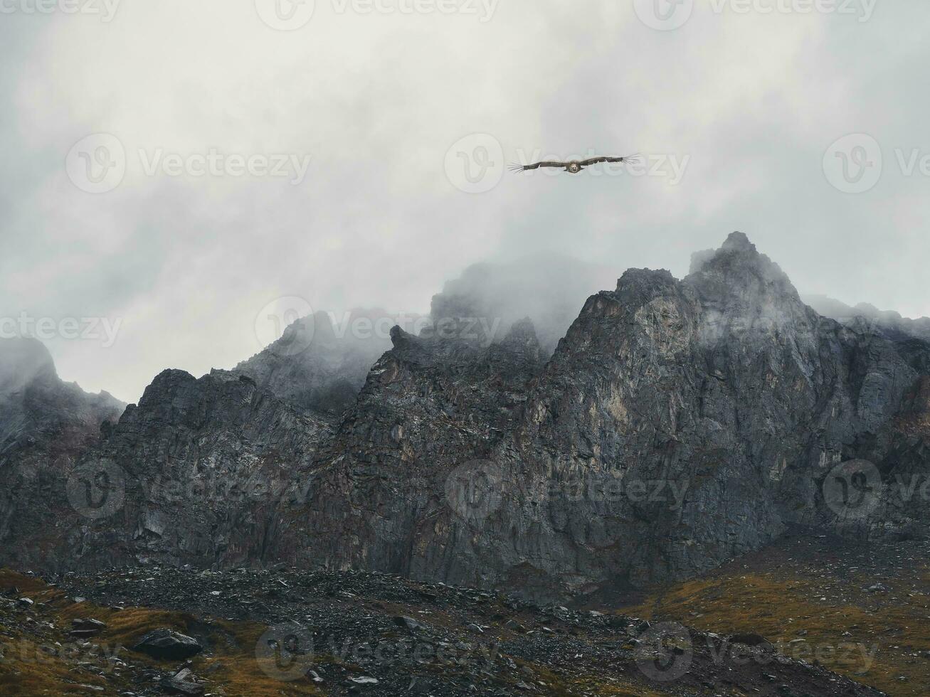 Horror mountain shadows. Dramatic fog among giant rocky mountains. Ghostly atmospheric view to big cliff. Low clouds and beautiful rockies. Minimalist scenery mysterious place. photo
