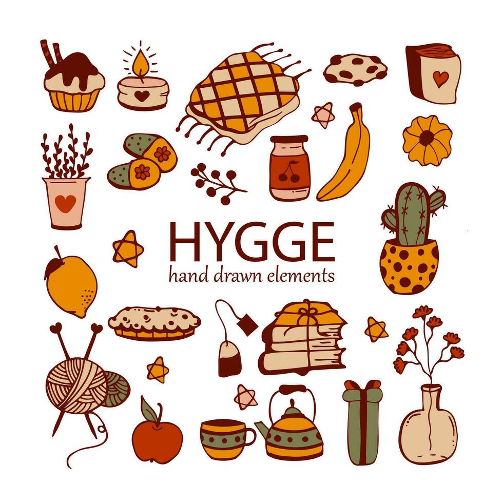 Hygge time. Cute illustrations with cozy items. Big stickers set. Isolated on white background. vector