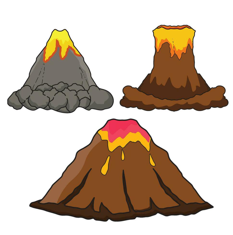 Volcanic eruption stages set. Steaming volcano, hot burning magma approach, splash and spreading of lava. vector