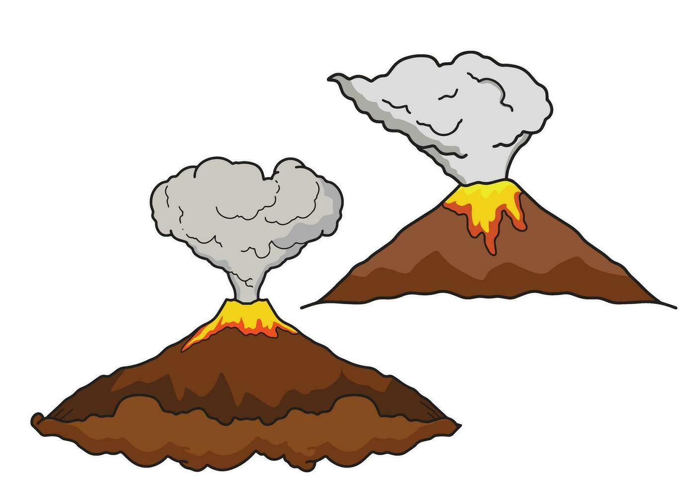 Vector illustrations set of mountains and hot explosion of volcano