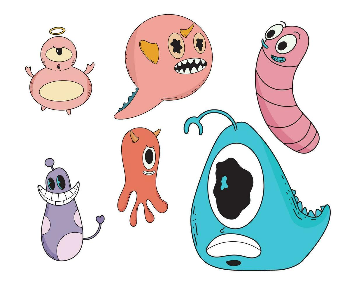 linda y kawaii monstruo niños de miedo gracioso bebé personaje plano vector