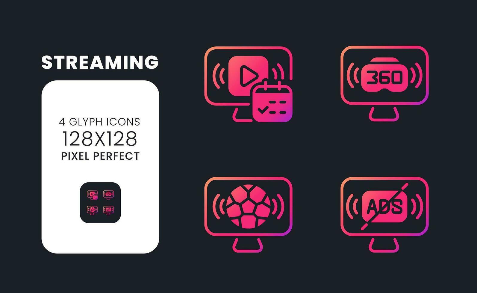 Streaming pink solid gradient desktop icons. Watching content online. Sports broadcasting. Pixel perfect 128x128, outline 4px. Glyph pictograms kit for dark theme. Isolated vector images