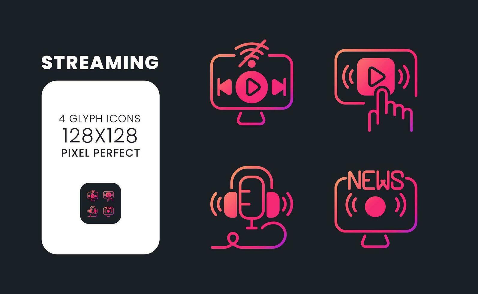 Streaming pink solid gradient desktop icons. Multimedia content. Online entertainment. News broadcast. Pixel perfect 128x128, outline 4px. Glyph pictograms kit for dark theme. Isolated vector images