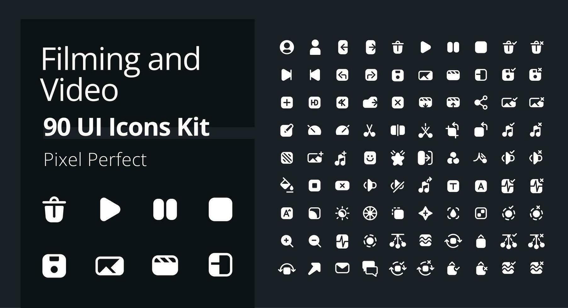 Video production white pixel perfect solid ui icons pack. Filmmaking software. Footage settings. Silhouette symbols for dark theme. Glyph pictograms kit on black background. Vector isolated images