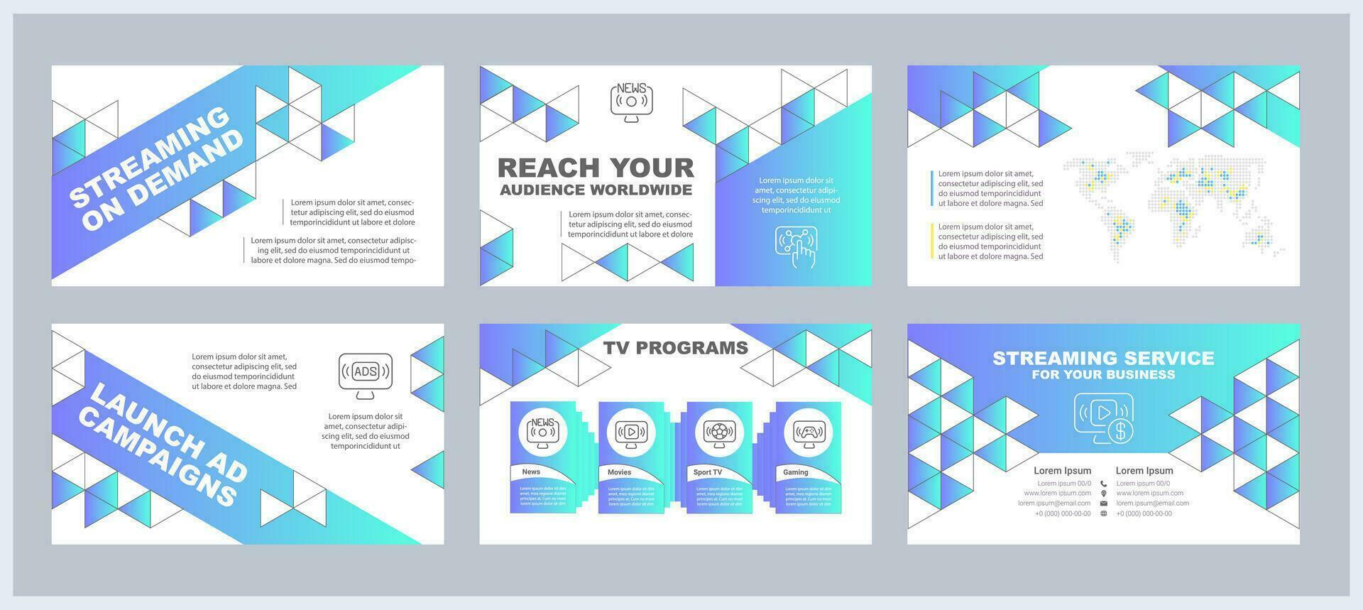 Streaming on demand presentation templates set. Video content library. Subscription based. Internet TV. Ready made PPT slides on white background. Graphic design vector