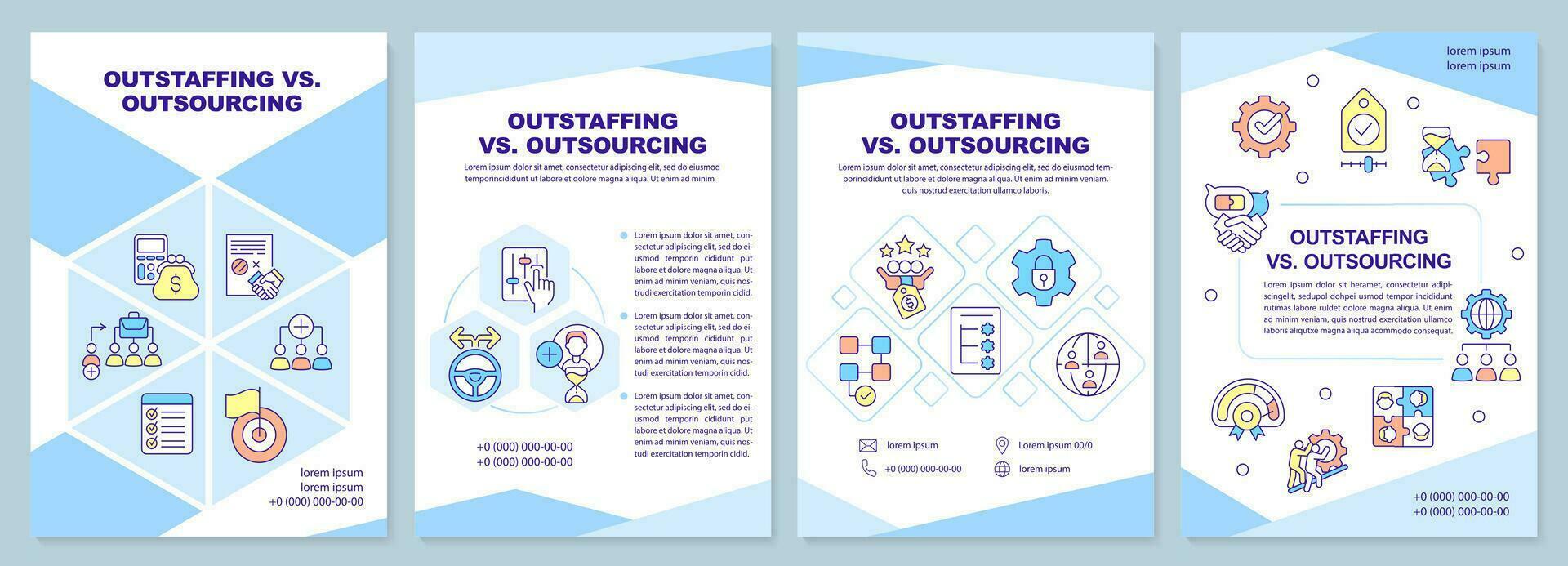 Outstaffing vs outsourcing blue brochure template. Recruitment. Leaflet design with linear icons. Editable 4 vector layouts for presentation, annual reports