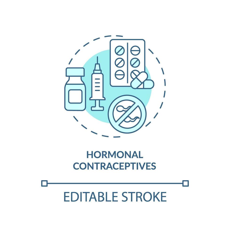 Hormonal contraceptives turquoise concept icon. Contraceptive pill. Contraception protection. Women health abstract idea thin line illustration. Isolated outline drawing. Editable stroke vector