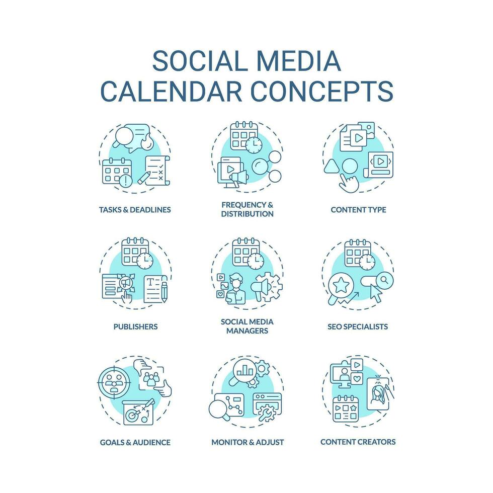 Social media calendar turquoise concept icons set. Digital content. Online tool. Schedule planner. Internet blog. Marketing plan idea thin line color illustrations. Isolated symbols. Editable stroke vector