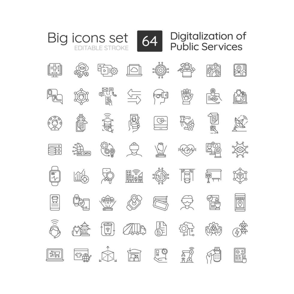 Digitalization of public services linear icons set. Provide services online. Digital transformation. Customizable thin line symbols. Isolated vector outline illustrations. Editable stroke