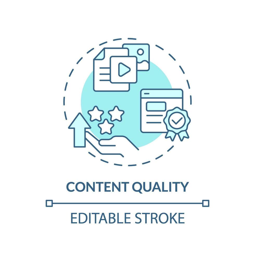 Content quality turquoise concept icon. Valuable information. Seo optimization. Schedule post. Social media plan abstract idea thin line illustration. Isolated outline drawing. Editable stroke vector