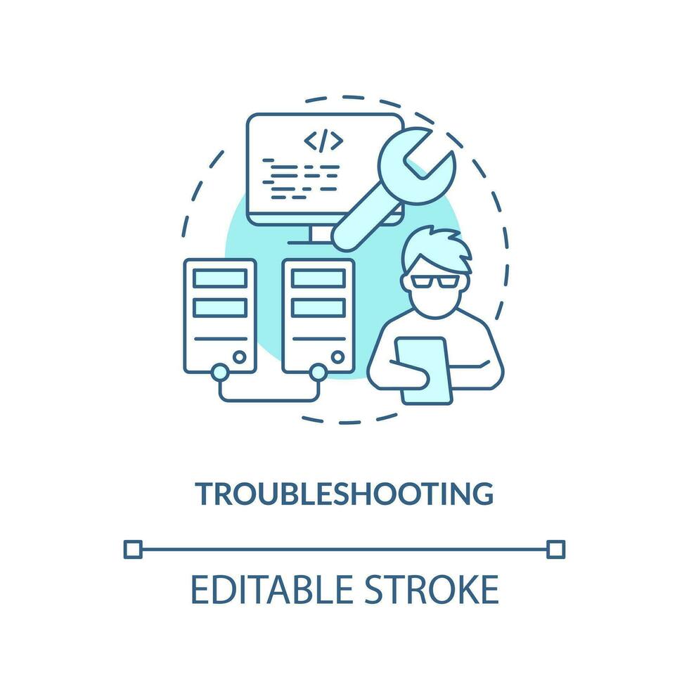 Troubleshooting turquoise concept icon. Know and fix code. Version control benefit abstract idea thin line illustration. Isolated outline drawing. Editable stroke vector
