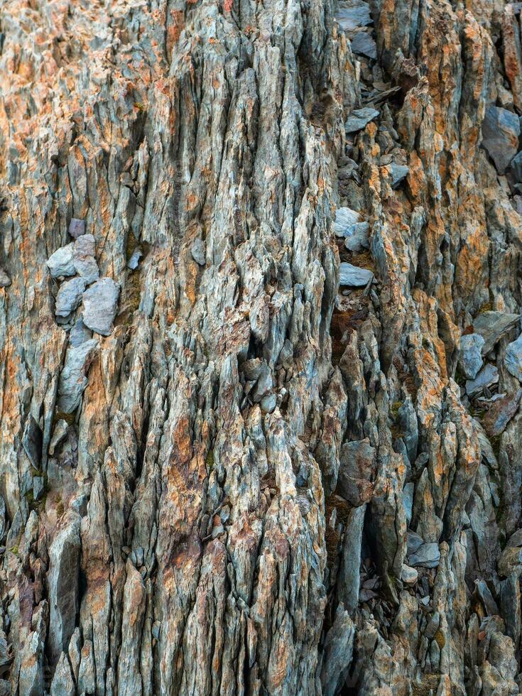 Texture of mountains. Cross section of rocks. Geological vertical layers. Colored layers of stones in section of the mount, different rock formations and soil layers. photo