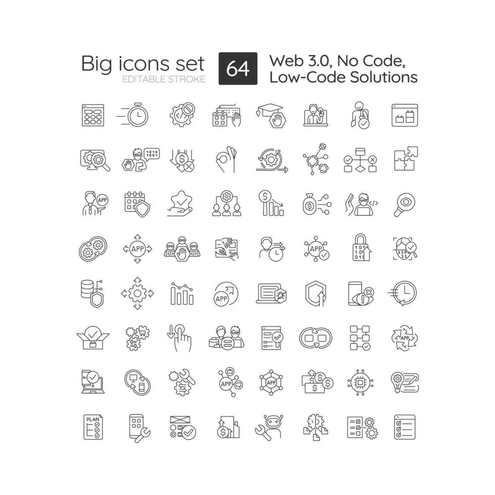 Low-code solutions linear icons set. No code tools. Web 3.0. Application development platform. Customizable thin line symbols. Isolated vector outline illustrations. Editable stroke