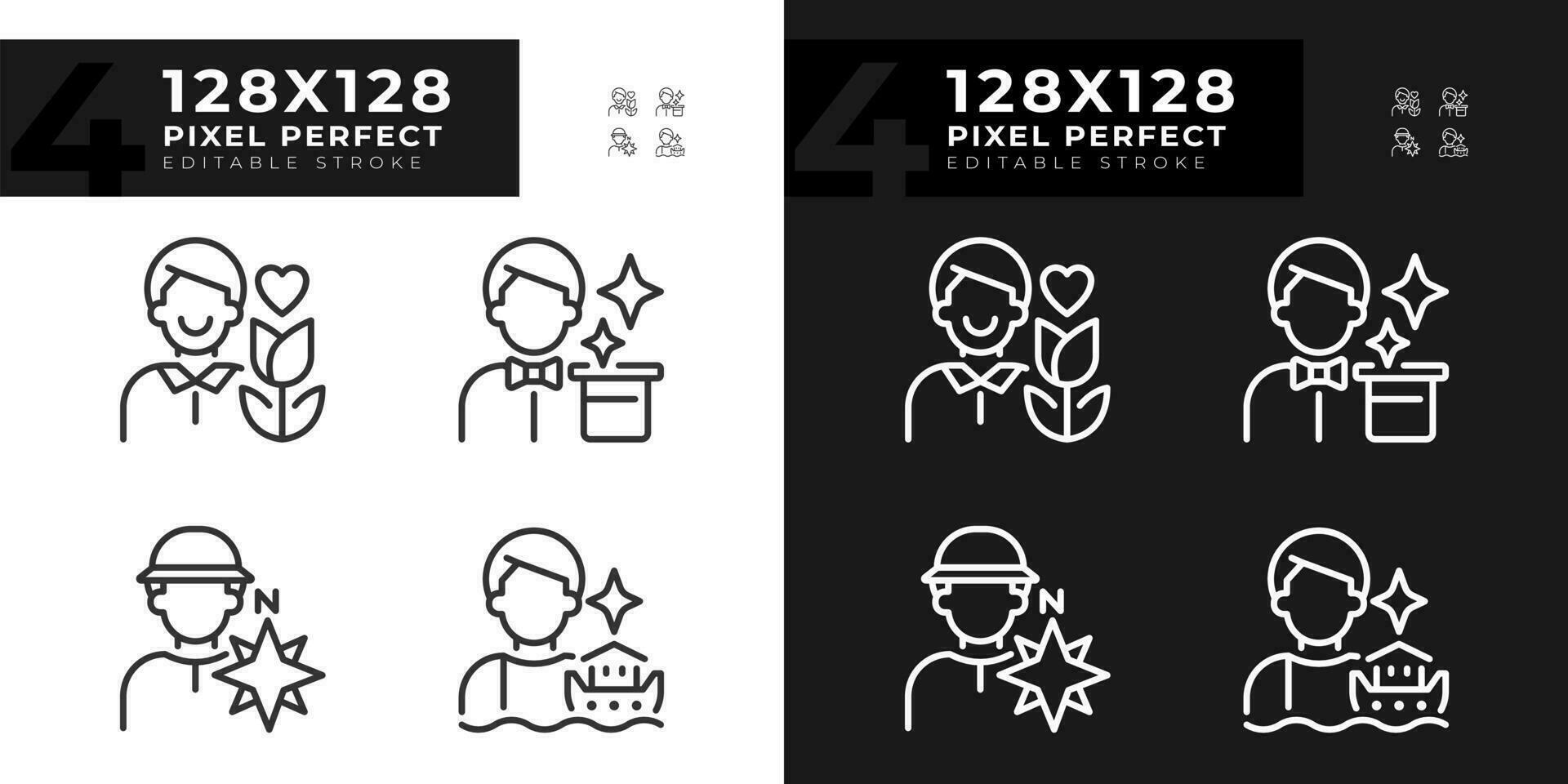 Male archetypes pixel perfect linear icons set for dark, light mode. Personality trait. Psychoanalysis. Lover, magician. Thin line symbols for night, day theme. Isolated illustrations. Editable stroke vector