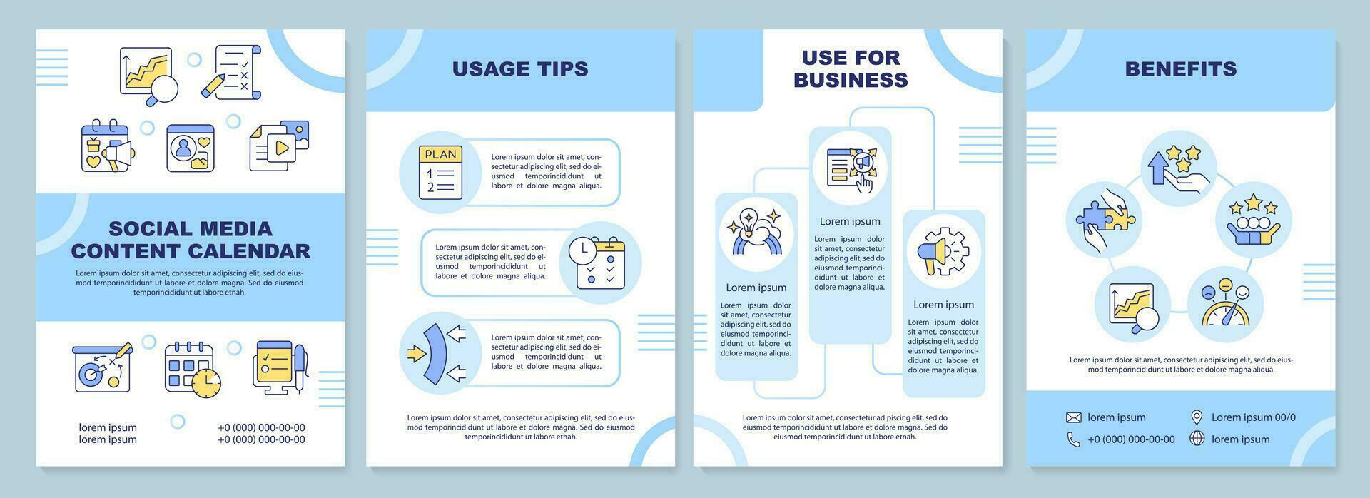social medios de comunicación contenido calendario azul folleto modelo. plan adelante. folleto diseño con línea iconos editable 4 4 vector diseños para presentación, anual informes