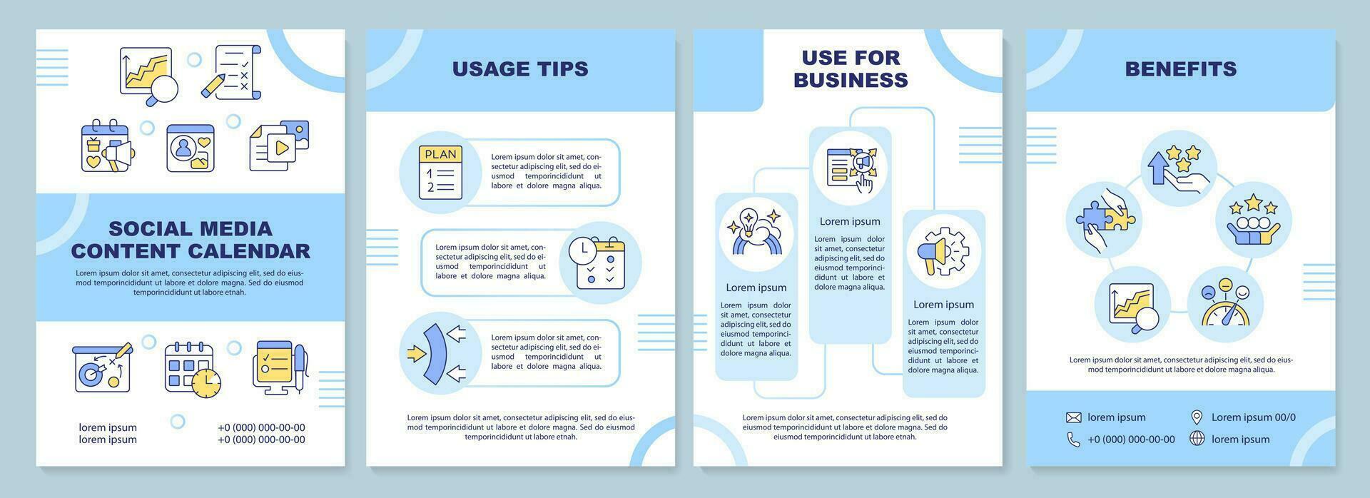 Social media content calendar blue brochure template. Plan ahead. Leaflet design with line icons. Editable 4 vector layouts for presentation, annual reports