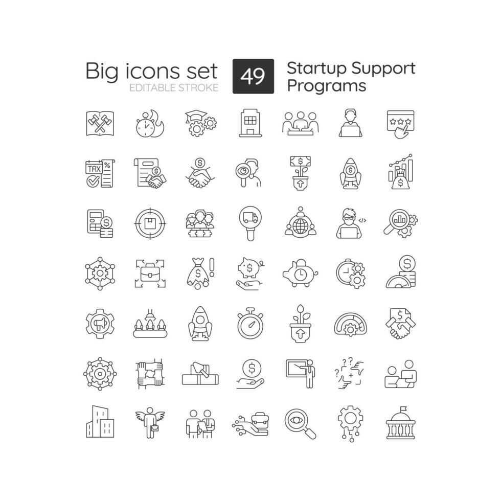 Startup support programs linear icons set. Financial support for business. Investments. Development strategy. Customizable thin line symbols. Isolated vector outline illustrations. Editable stroke