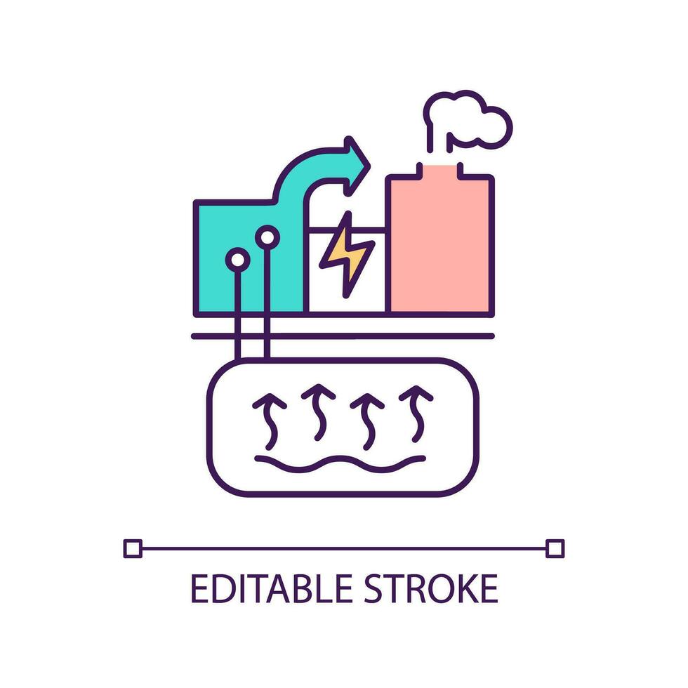 Geothermal power plant RGB color icon. Electricity generation. Hydrothermal industry. Energy station. Subsurface resource. Isolated vector illustration. Simple filled line drawing. Editable stroke