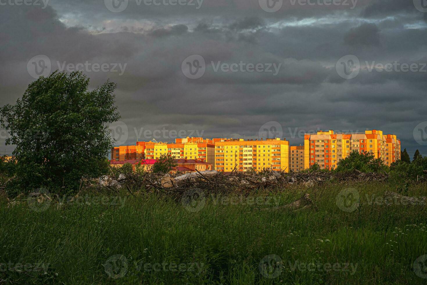 Bright contrasting view of the new residential quarter on the edge of the city photo