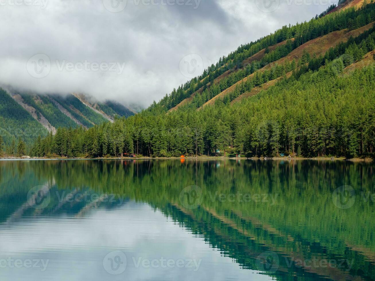Camping on the shore of a clean mountain lake. Mystical morning landscape with fog over the lake. Reflection of coniferous trees in shiny calm water. Alpine tranquil landscape at early morning. photo