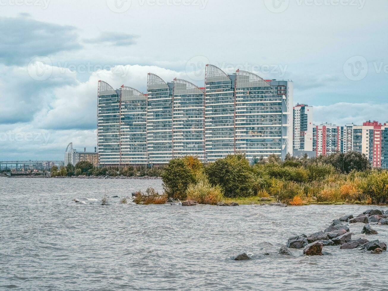 New high-rise buildings in the evening on the shore of the gulf, Saint Petersburg photo