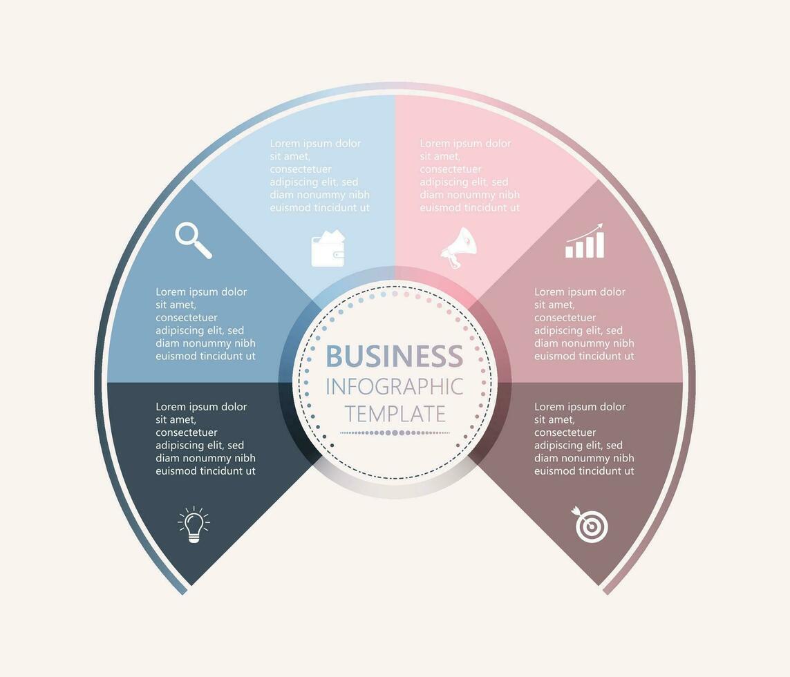 negocio infografía plantilla, publicidad tarta gráfico presentación, seis pasos Tres cuarteles trabajo proceso circulo diagrama vector