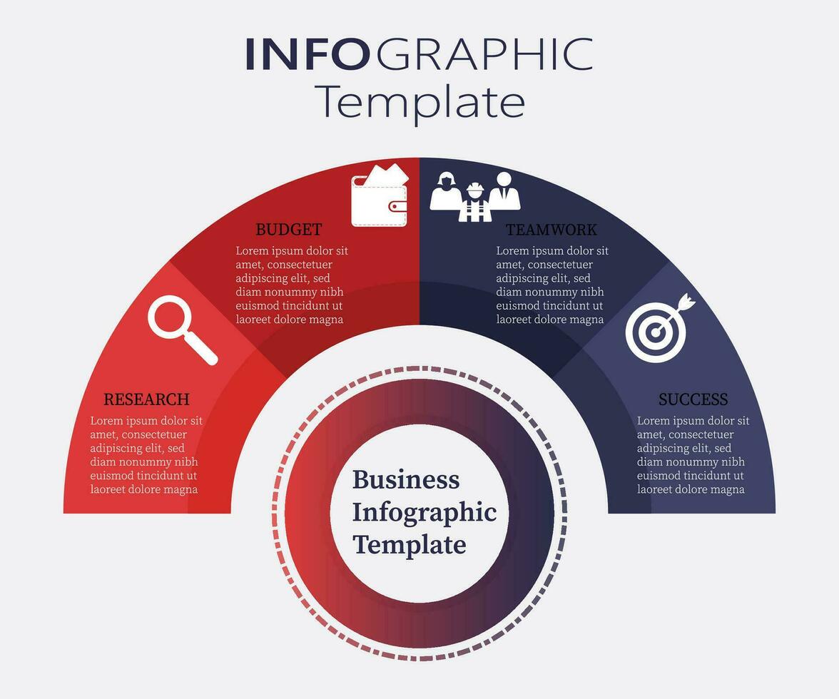 negocio infografía plantilla, cuatro trabajo proceso medio circulo , publicidad tarta gráfico diagrama presentación vector