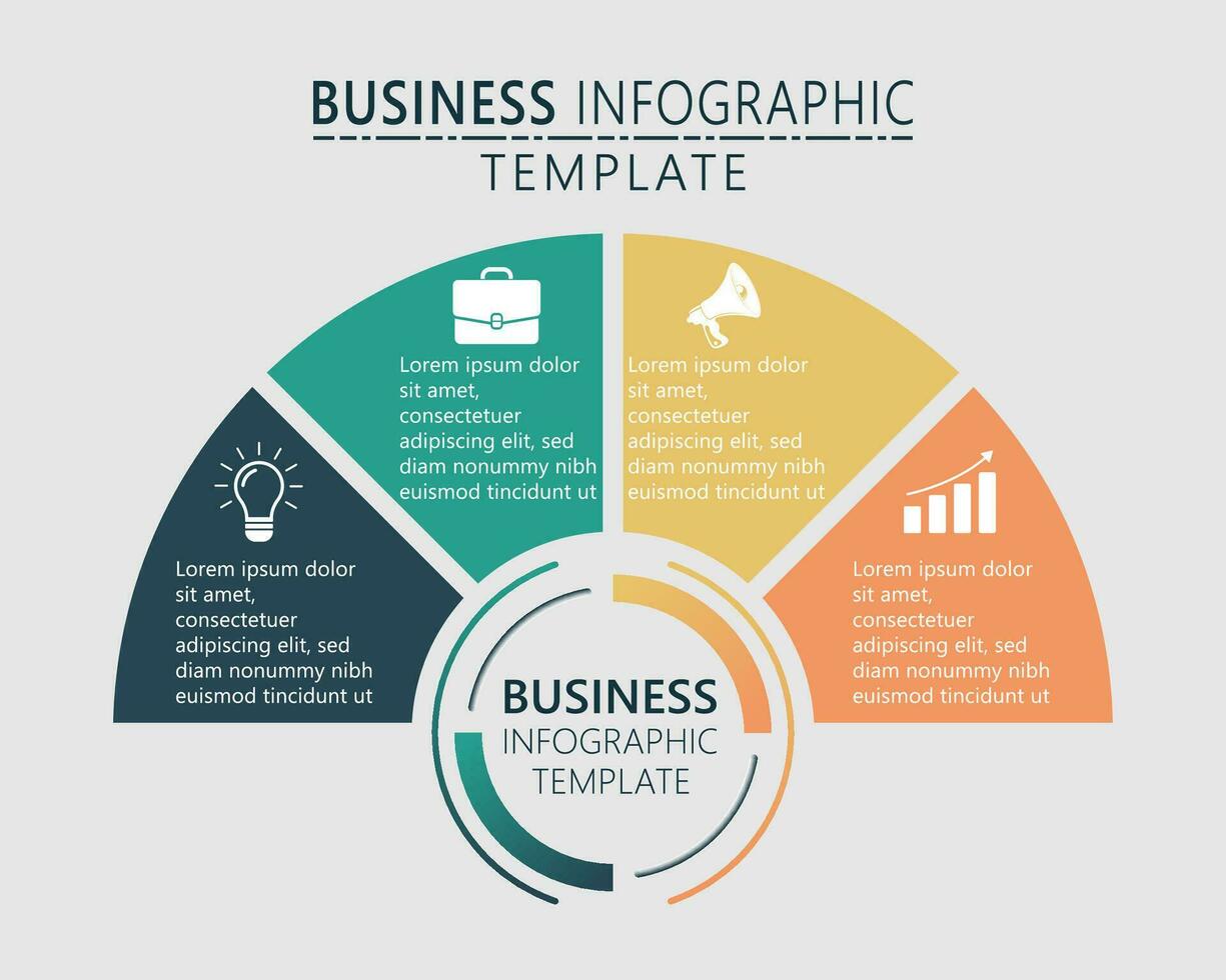 negocio infografía plantilla, cuatro pasos medio circulo trabajar, publicidad tarta gráfico diagrama presentación vector