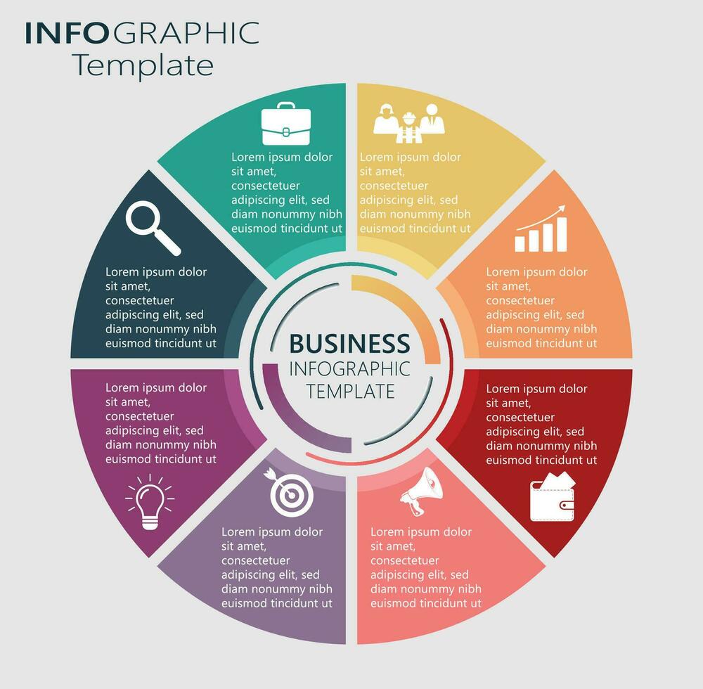 negocio infografía plantilla, ocho pasos circulo trabajar, publicidad tarta gráfico diagrama presentación vector