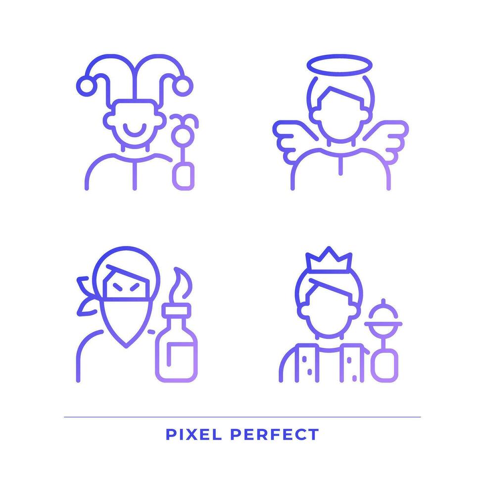 Literature archetypes pixel perfect gradient linear vector icons set. Personality traits. Powerful characters. Thin line contour symbol designs bundle. Isolated outline illustrations collection