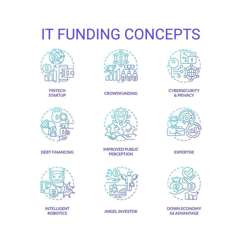 IT funding blue gradient concept icons set. Financial resources for digital industry idea thin line color illustrations. Isolated symbols vector
