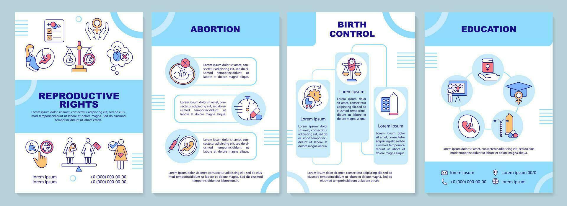 reproductivo derechos azul folleto modelo. mujer empoderamiento. folleto diseño con lineal iconos editable 4 4 vector diseños para presentación, anual informes
